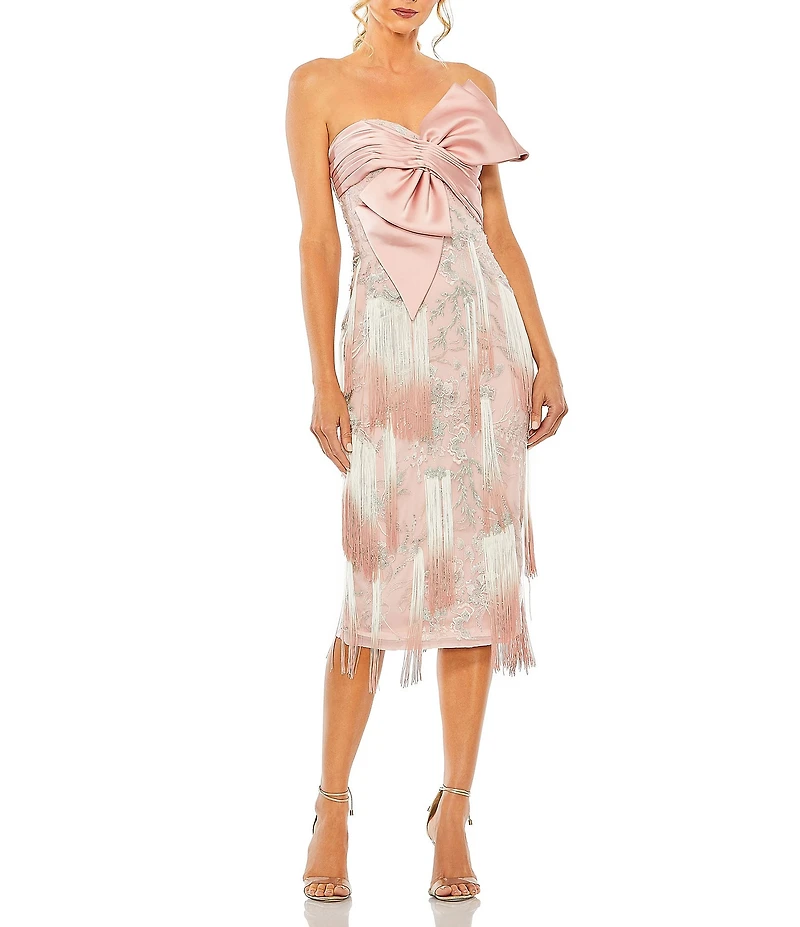 Mac Duggal Bow Front Ombre Fringe Embroidered Sheath Dress