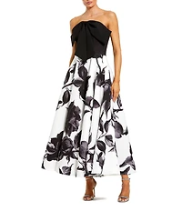 Mac Duggal Crepe Bow Front Strapless Floral Midi Dress