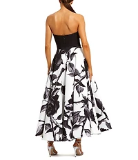 Mac Duggal Crepe Bow Front Strapless Floral Midi Dress