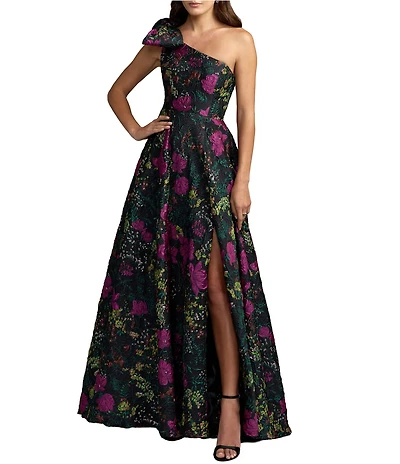 Mac Duggal Bow One Shoulder Bow Detail Brocade A-line Gown