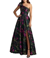 Mac Duggal Bow One Shoulder Bow Detail Brocade A-line Gown