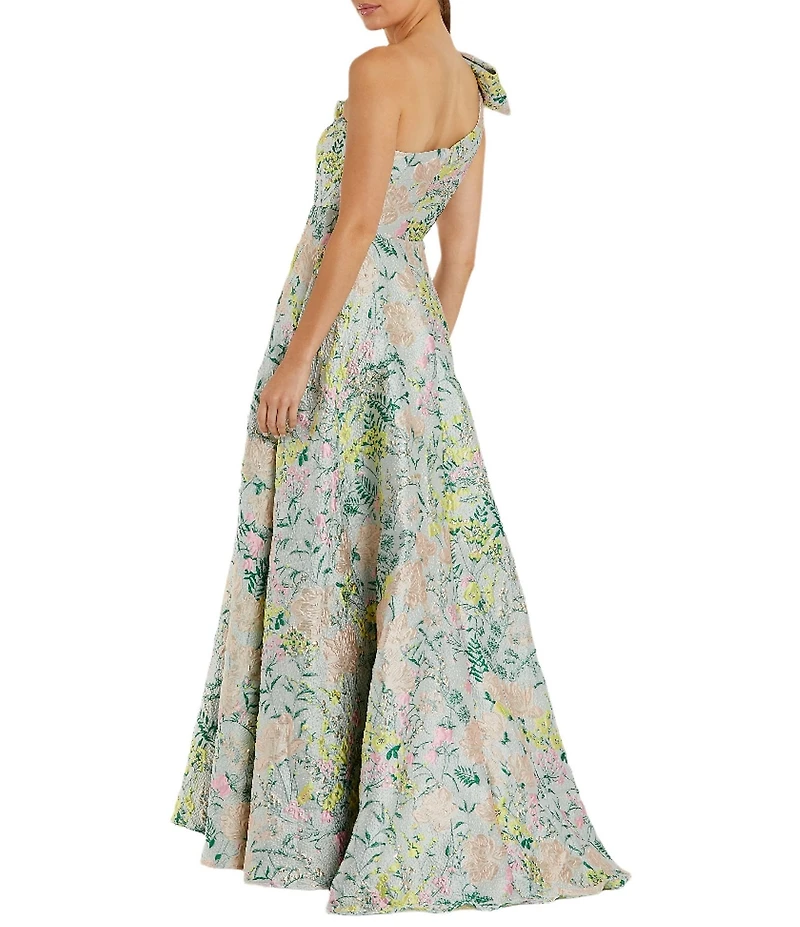 Mac Duggal Bow One Shoulder Bow Detail Brocade A-line Gown