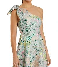 Mac Duggal Bow One Shoulder Bow Detail Brocade A-line Gown