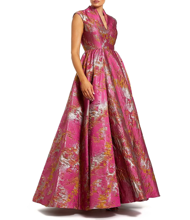 Mac Duggal Brocade Cap Sleeve V-Neck Pocket Ballgown