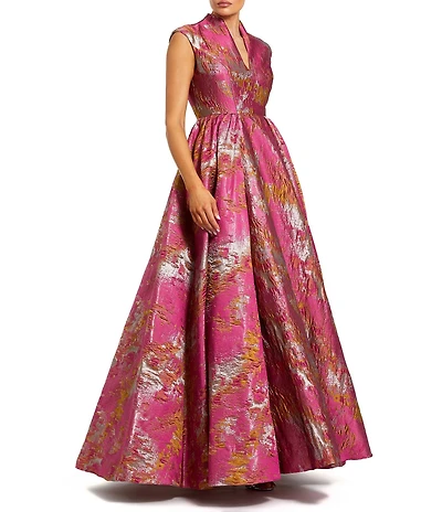 Mac Duggal Brocade Cap Sleeve V-Neck Pocket Ballgown