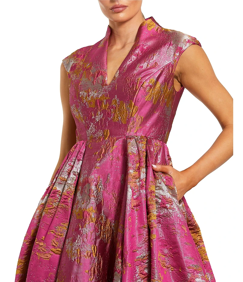 Mac Duggal Brocade Cap Sleeve V-Neck Pocket Ballgown