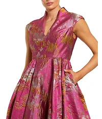 Mac Duggal Brocade Cap Sleeve V-Neck Pocket Ballgown