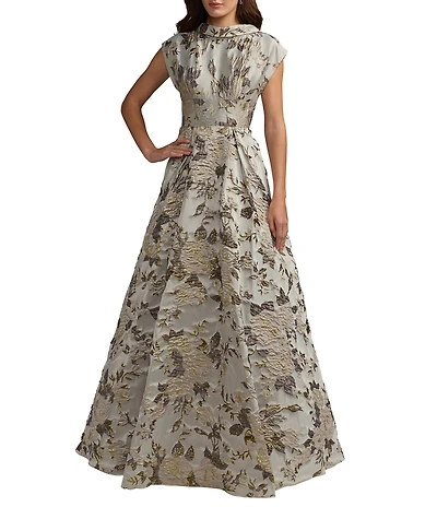 Mac Duggal Brocade Collared Cap Sleeve Pleated Skirt Ballgown