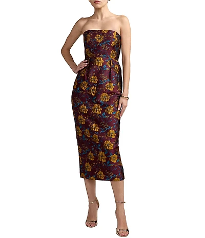Mac Duggal Brocade Floral Print Strapless Neck Sleeveless Sheath Midi Dress