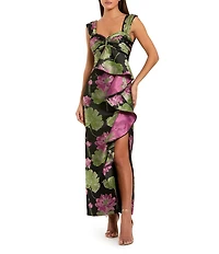 Mac Duggal Brocade Floral Print Sweetheart Neckline Sleeveless Wide Strap Ruffle A-Line Dress
