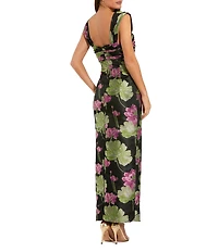 Mac Duggal Brocade Floral Print Sweetheart Neckline Sleeveless Wide Strap Ruffle A-Line Dress