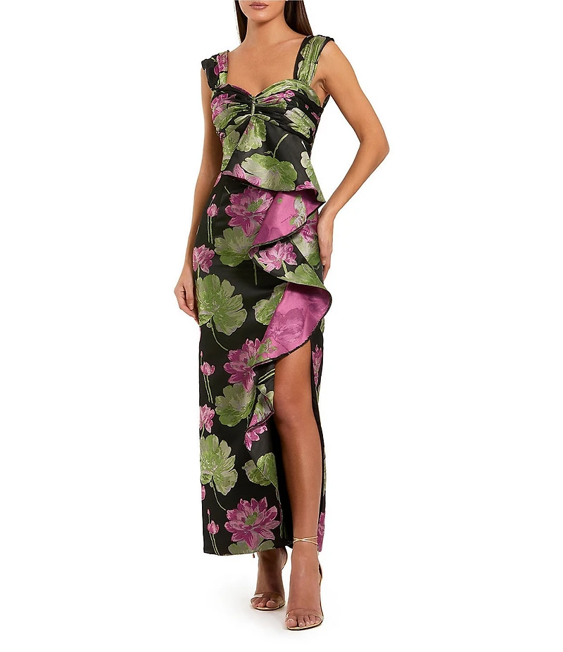 Mac Duggal Brocade Floral Print Sweetheart Neckline Sleeveless Wide Strap Ruffle A-Line Dress