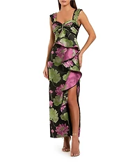Mac Duggal Brocade Floral Print Sweetheart Neckline Sleeveless Wide Strap Ruffle A-Line Dress