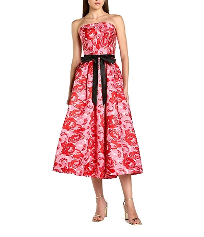 Mac Duggal Brocade Floral Strapless A Line Midi Dress With Satin Bow