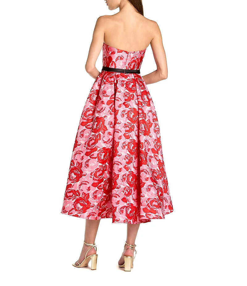 Mac Duggal Brocade Floral Strapless A Line Midi Dress With Satin Bow