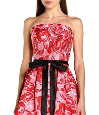 Mac Duggal Brocade Floral Strapless A Line Midi Dress With Satin Bow