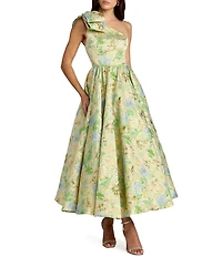 Mac Duggal Brocade One Shoulder Bow Detail Midi Dress