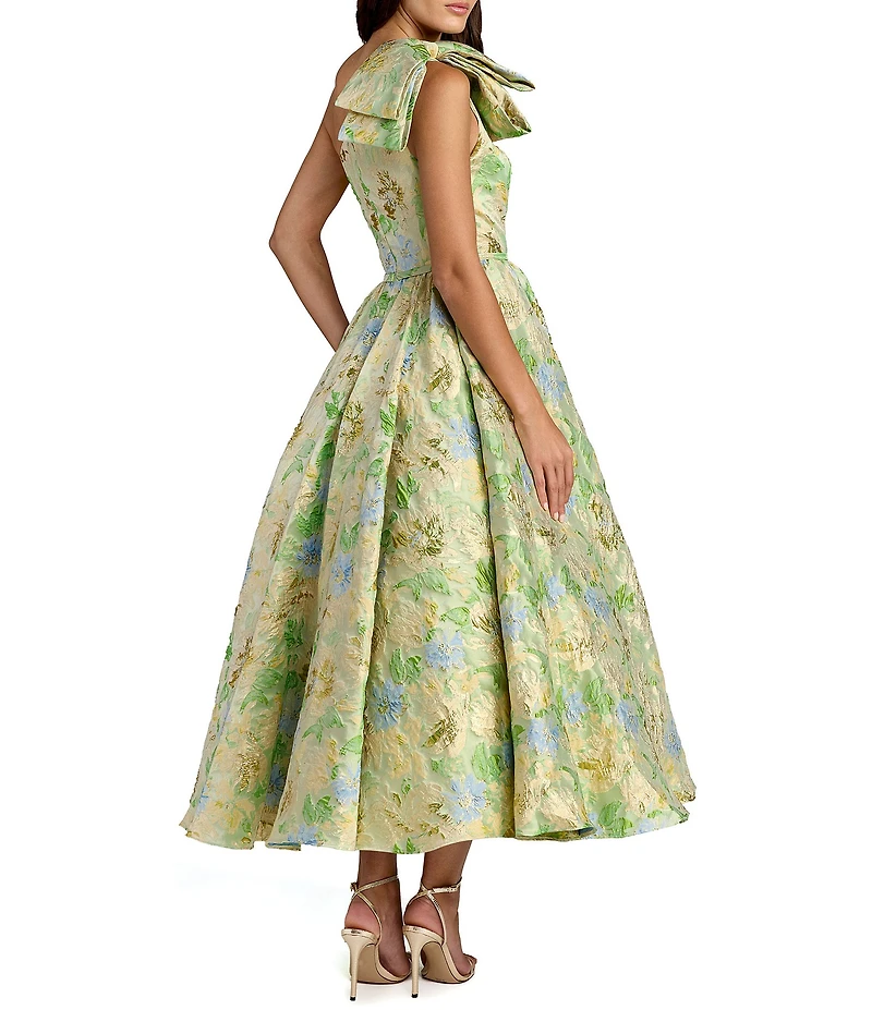 Mac Duggal Brocade One Shoulder Bow Detail Midi Dress