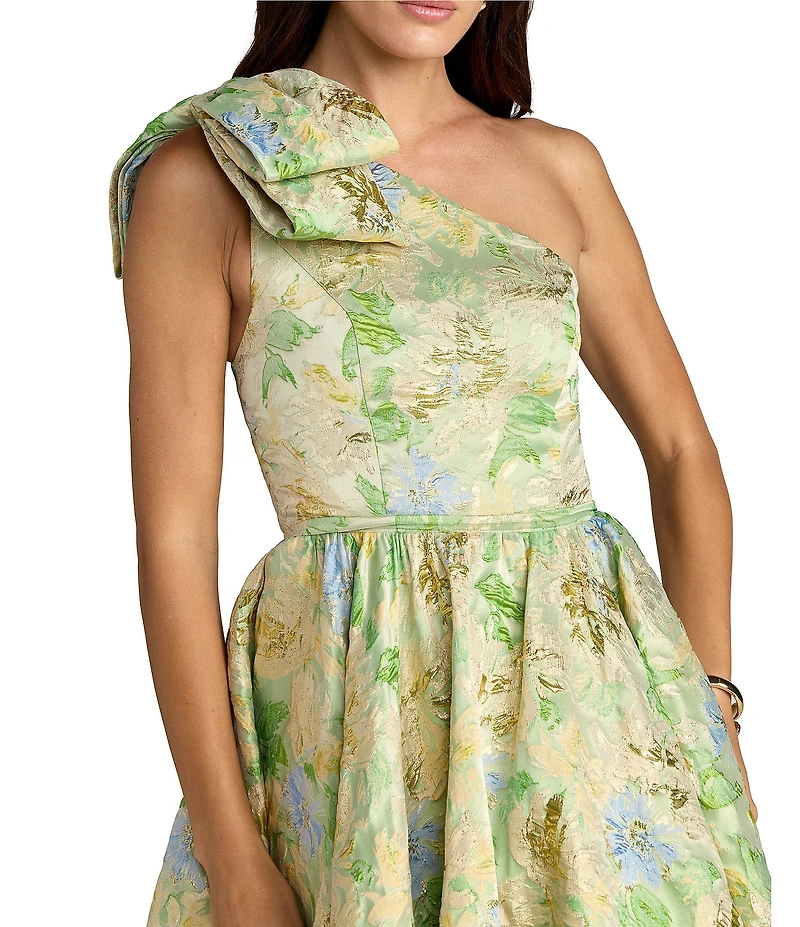 Mac Duggal Brocade One Shoulder Bow Detail Midi Dress