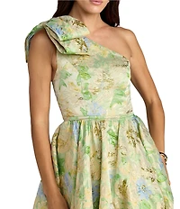Mac Duggal Brocade One Shoulder Bow Detail Midi Dress