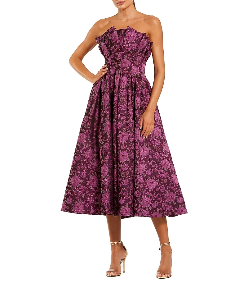 Mac Duggal Brocade Pleated Ruffle Strapless Floral A-Line Midi Dress