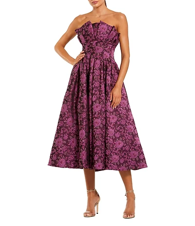 Mac Duggal Brocade Pleated Ruffle Strapless Floral A-Line Midi Dress