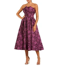 Mac Duggal Brocade Pleated Ruffle Strapless Floral A-Line Midi Dress