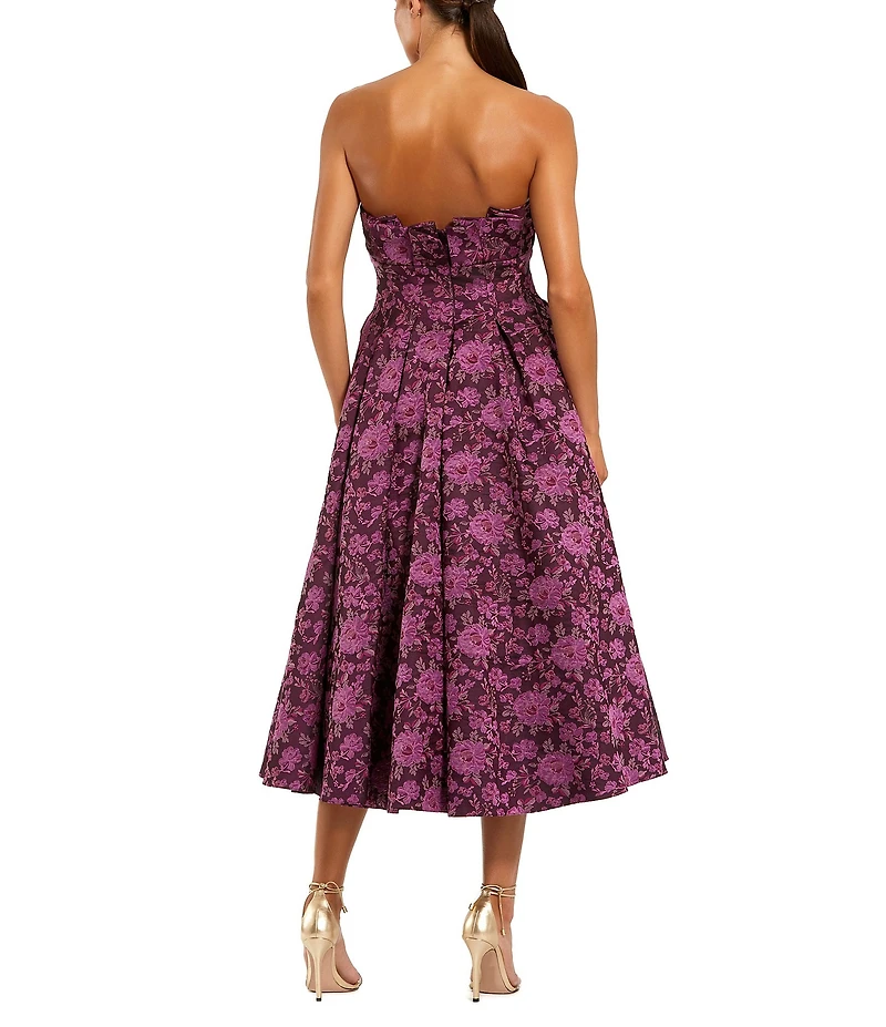 Mac Duggal Brocade Pleated Ruffle Strapless Floral A-Line Midi Dress