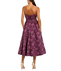 Mac Duggal Brocade Pleated Ruffle Strapless Floral A-Line Midi Dress
