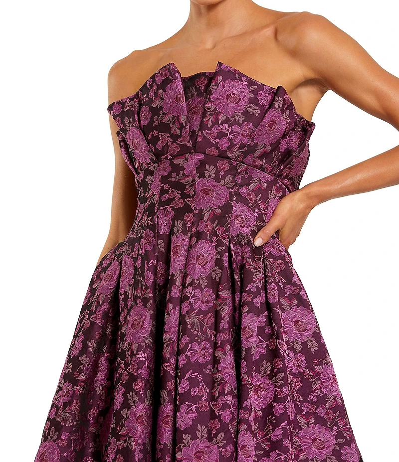Mac Duggal Brocade Pleated Ruffle Strapless Floral A-Line Midi Dress