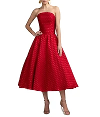 Mac Duggal Brocade Polka Dot Strapless Sleeveless Drop Waist Midi Dress