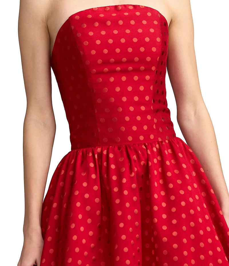Mac Duggal Brocade Polka Dot Strapless Sleeveless Drop Waist Midi Dress