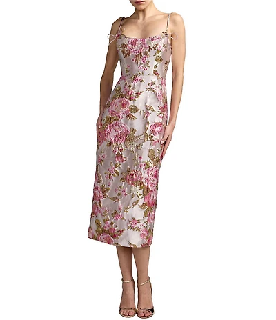 Mac Duggal Brocade Spaghetti Strap Bow Detail Midi Dress