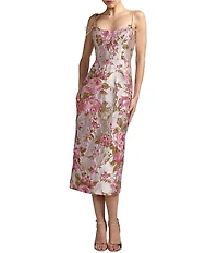 Mac Duggal Brocade Spaghetti Strap Bow Detail Midi Dress