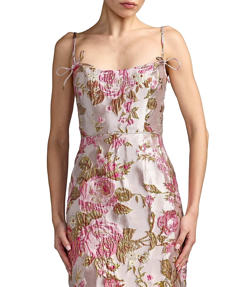 Mac Duggal Brocade Spaghetti Strap Bow Detail Midi Dress