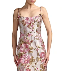 Mac Duggal Brocade Spaghetti Strap Bow Detail Midi Dress