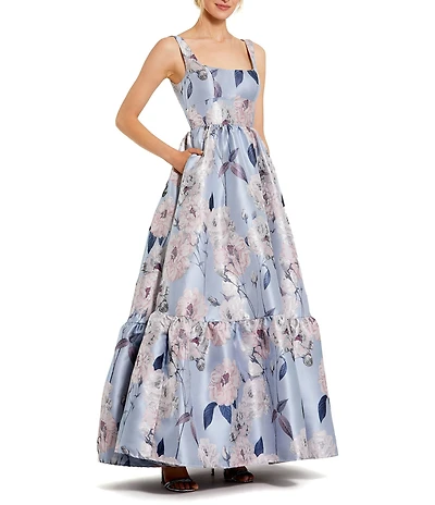 Mac Duggal Brocade Square Neck Sleeveless Floral Gown