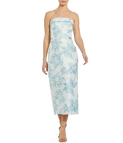 Mac Duggal Brocade Strapless Column Midi Dress