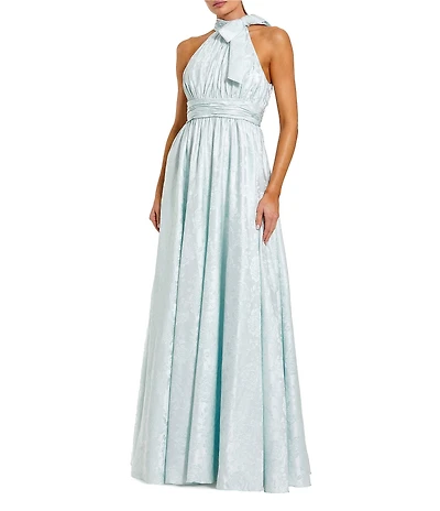 Mac Duggal Brocade Tie Neck Sleeveless A Line Gown