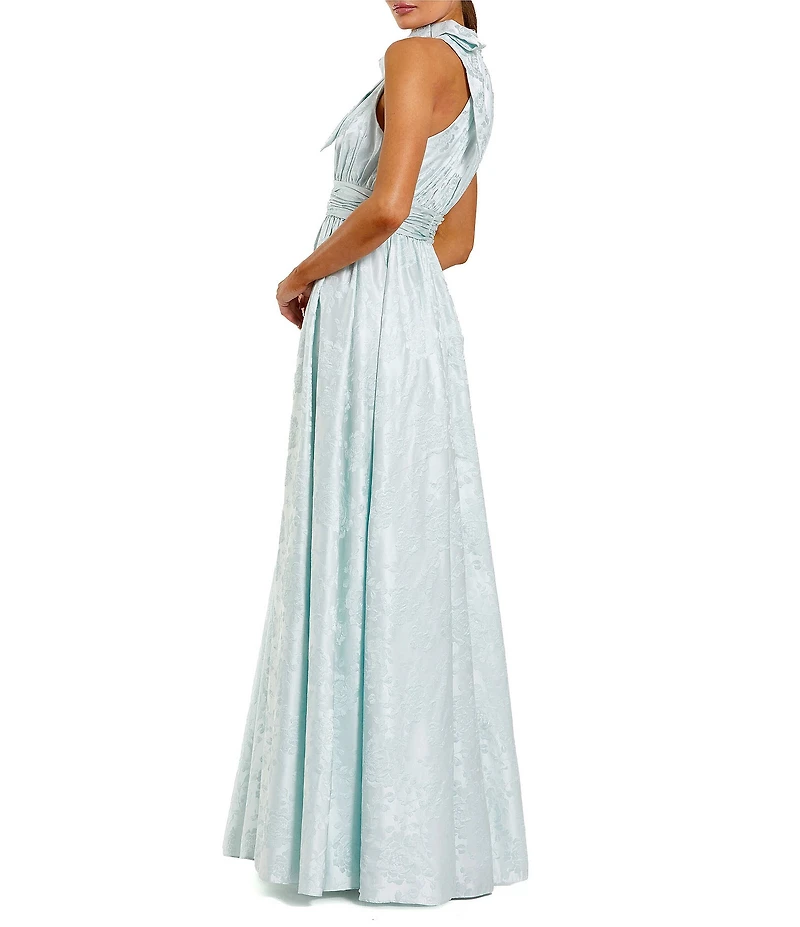 Mac Duggal Brocade Tie Neck Sleeveless A Line Gown