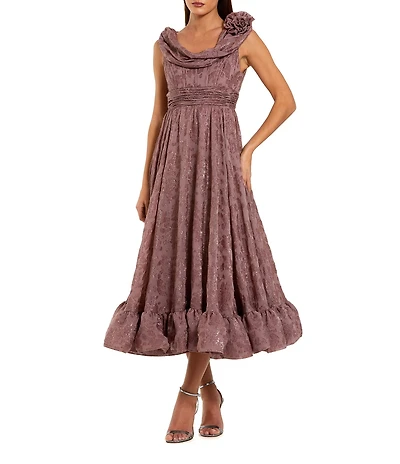Mac Duggal Burnout Chiffon Sleeveless Cowl Neck Midi Dress