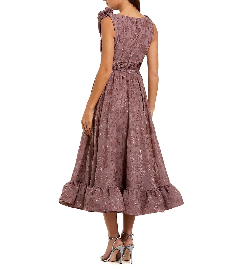 Mac Duggal Burnout Chiffon Sleeveless Cowl Neck Midi Dress