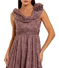 Mac Duggal Burnout Chiffon Sleeveless Cowl Neck Midi Dress