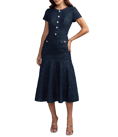 Mac Duggal Cap Sleeve Boucle Button Up Midi Dress