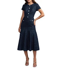 Mac Duggal Cap Sleeve Boucle Button Up Midi Dress