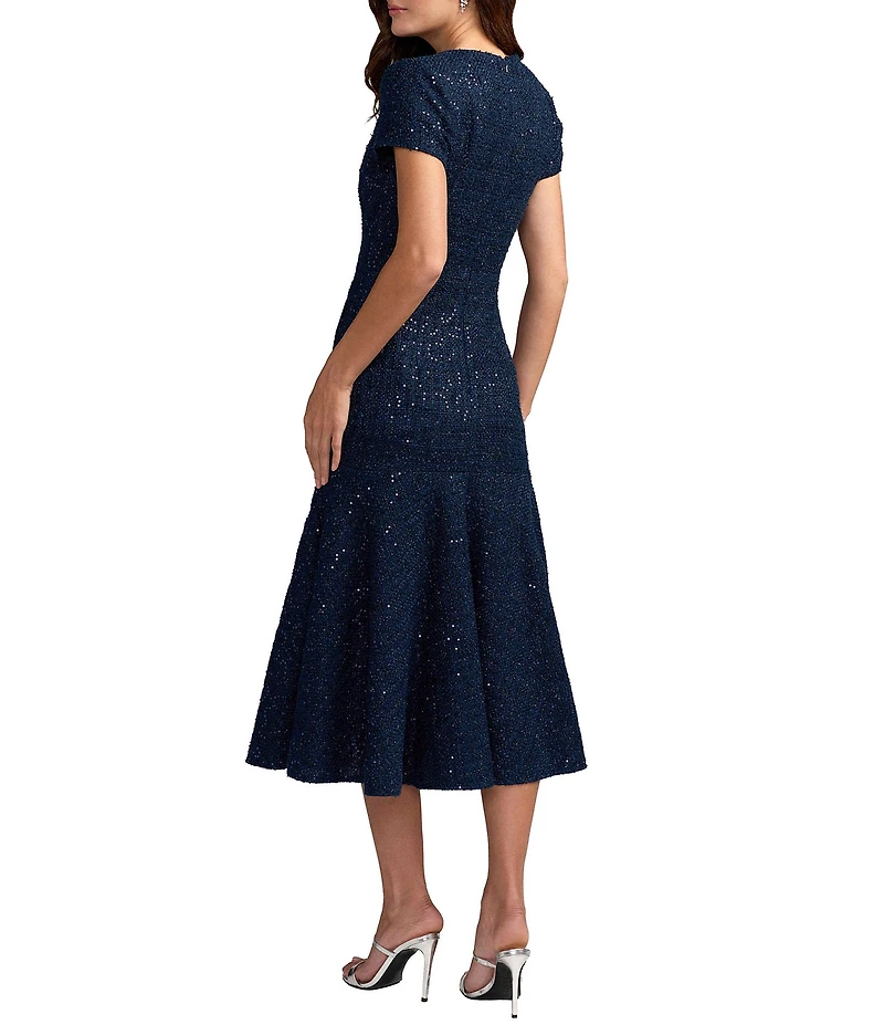 Mac Duggal Cap Sleeve Boucle Button Up Midi Dress