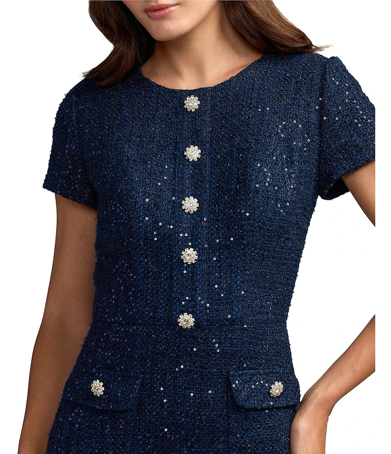 Mac Duggal Cap Sleeve Boucle Button Up Midi Dress