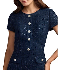 Mac Duggal Cap Sleeve Boucle Button Up Midi Dress