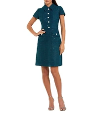 Mac Duggal Cap Sleeve Collared Boucle Button Up Dress