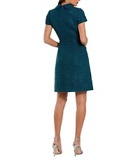 Mac Duggal Cap Sleeve Collared Boucle Button Up Dress